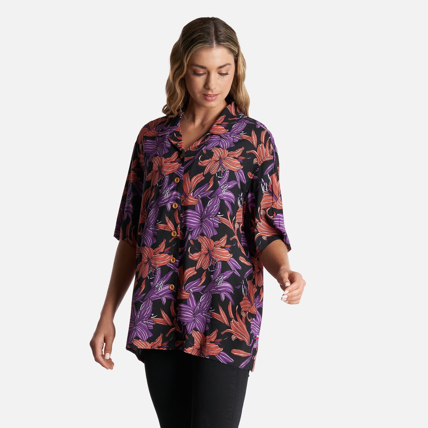 Camisa Mujer Hibiscus Print Negro Haka Honu